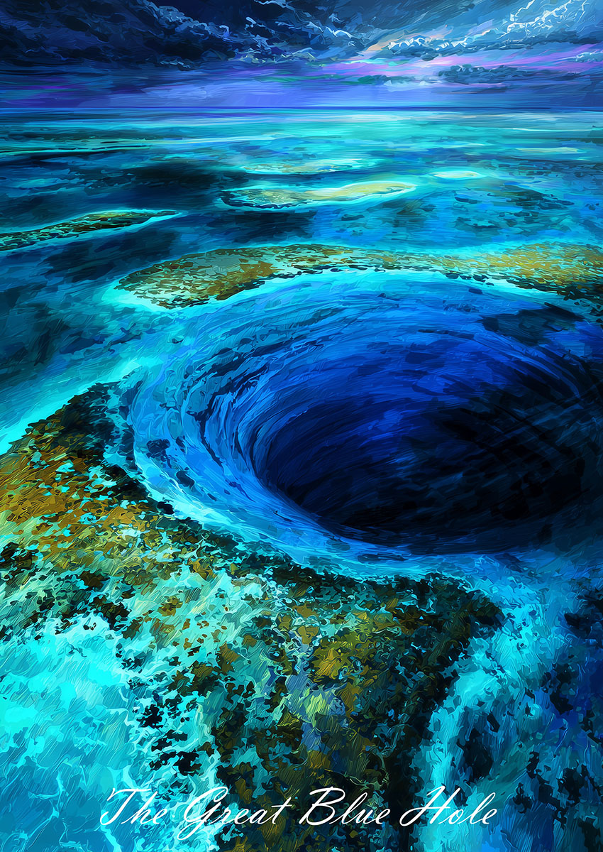 Dramatic artwork of the Great Blue Hole showing its deep blue depths and surrounding ocean surfaces.
